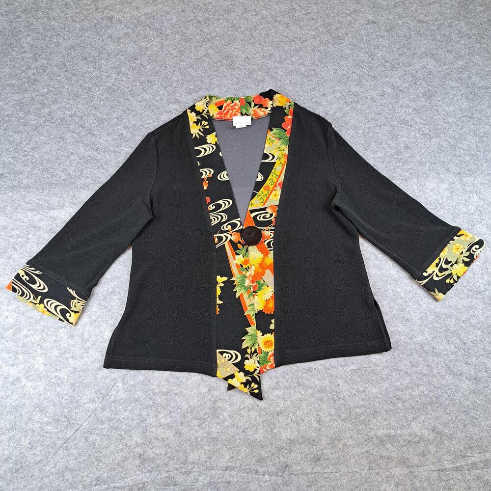 Soft Surroundings Jacket Womens Large Black Kimono Floral Trim 3/4 Sleeve Button
